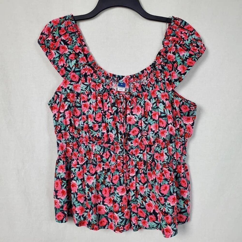 Old Navy Smocked Floral Sleeveless Ruffle Strap Blouse Pink Green Navy Size XL